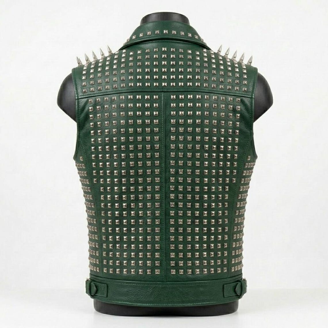 Back view of men green leather biker waistcoat