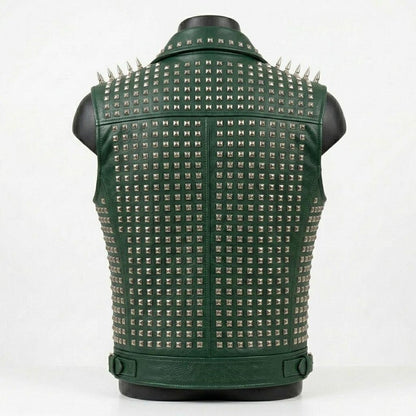 Back view of men green leather biker waistcoat