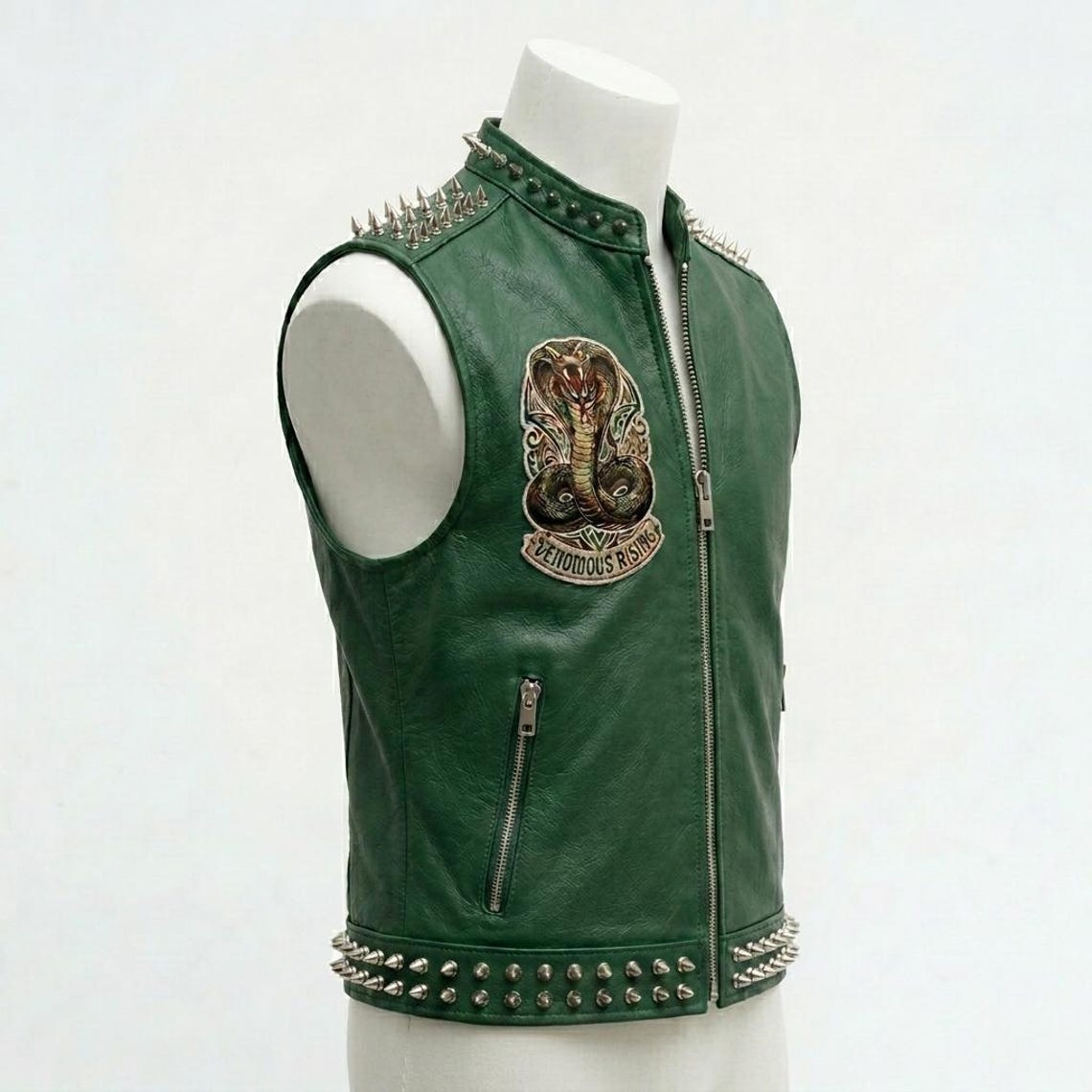 Side view of men green motorcycle leather vest for biker style
