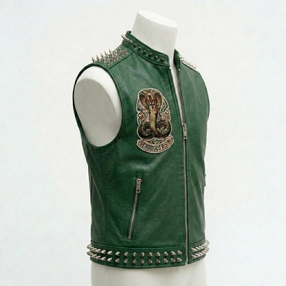 Side view of men green motorcycle leather vest for biker style