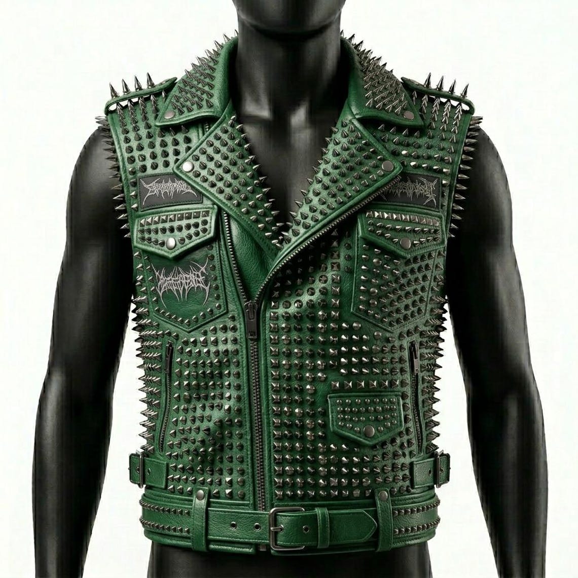 Front view of men green studded leather biker vest with spike detailing
