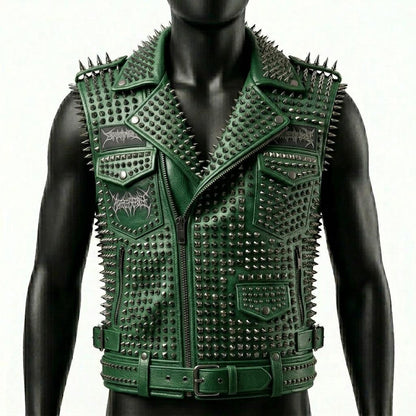 Front view of men green studded leather biker vest with spike detailing
