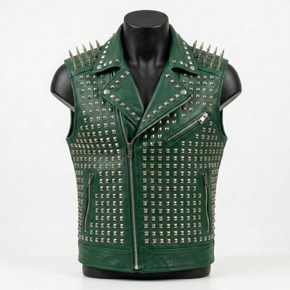 Front view of men green studded leather vest punk motorcycle waistcoat