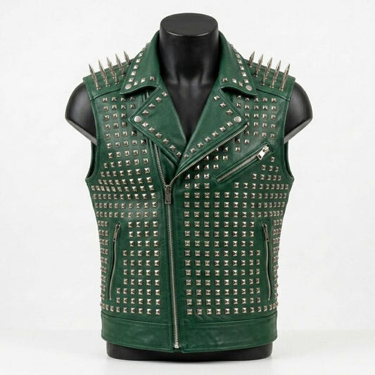 Front view of men green studded leather vest punk motorcycle waistcoat