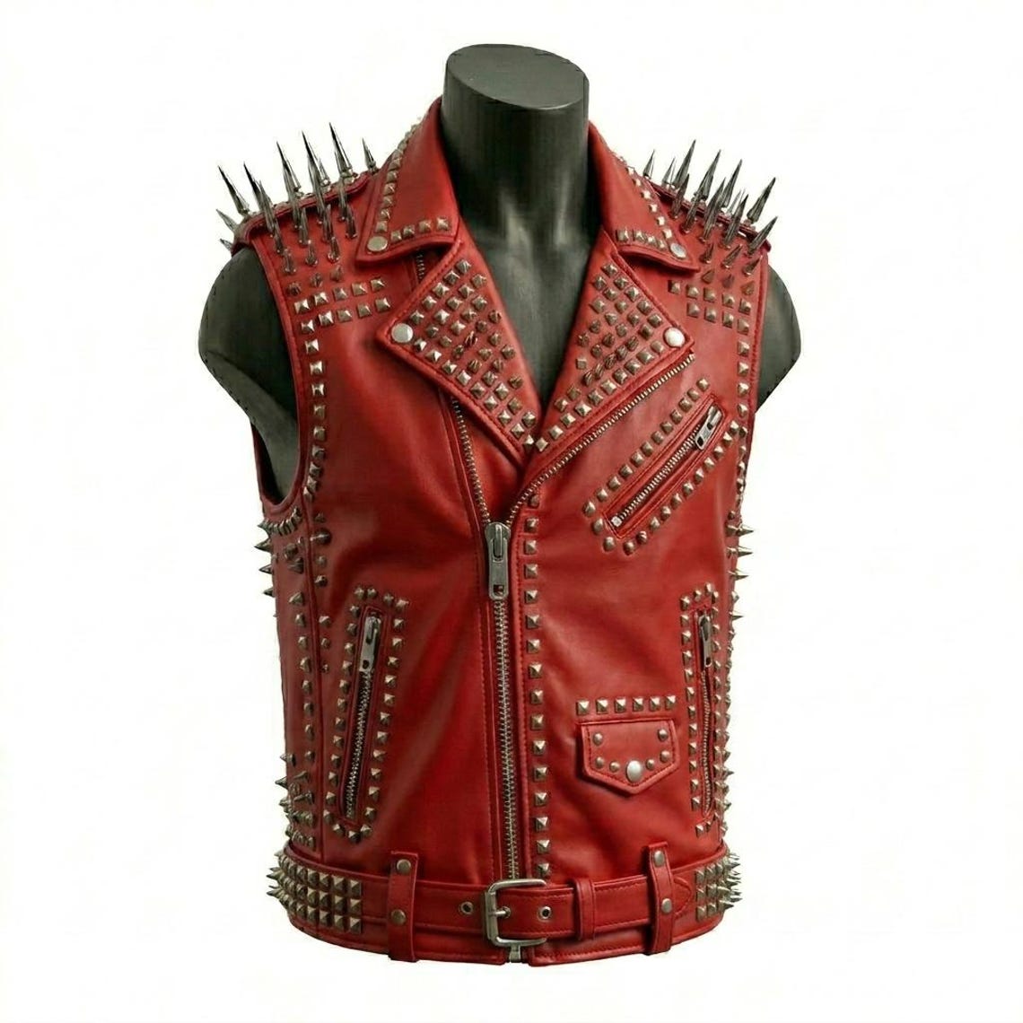 Front view of men heavy studded leather vest in black cowhide leather

