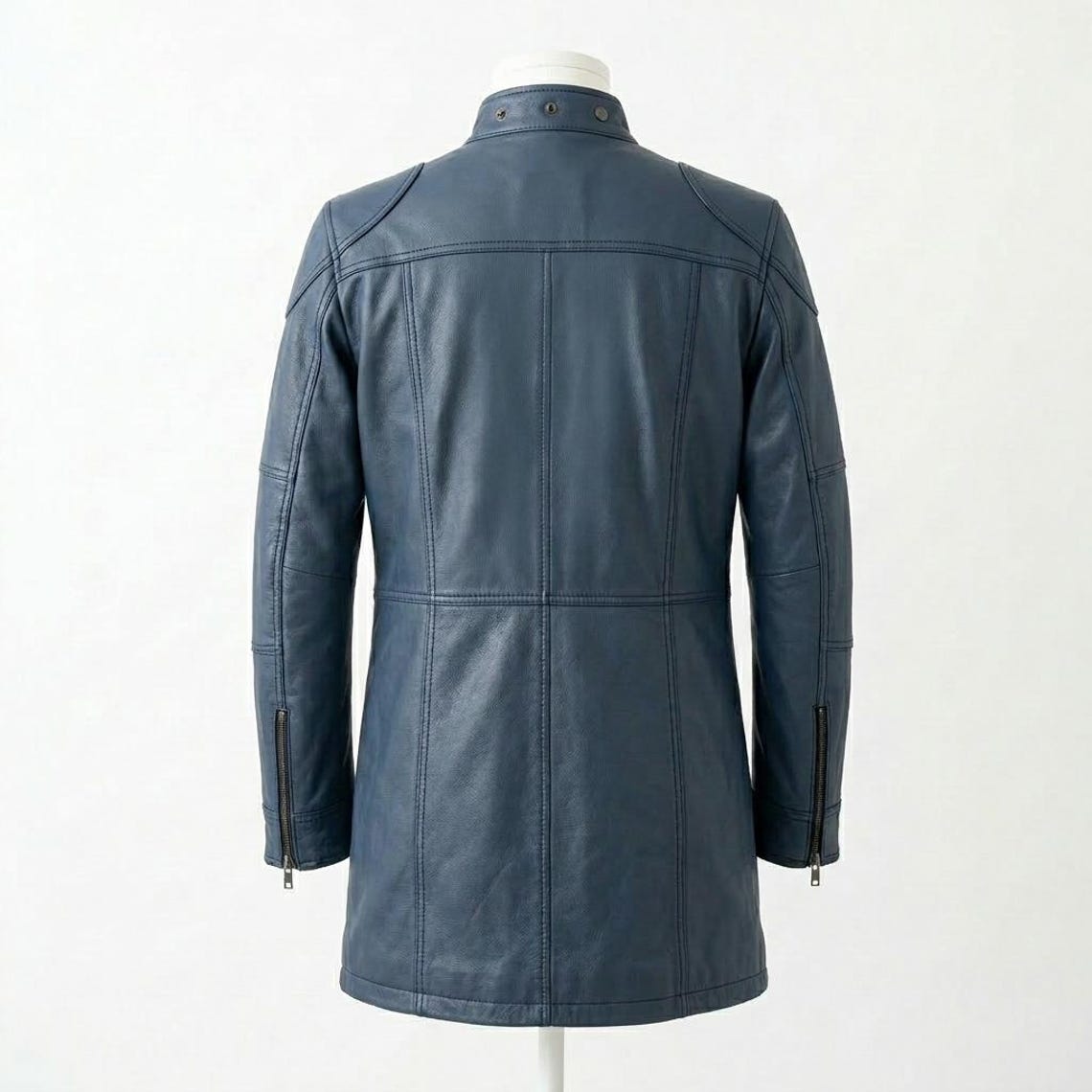 Back view of men motorcycle blue leather overcoat