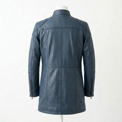 Back view of men motorcycle blue leather overcoat