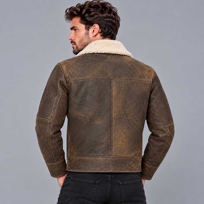 Men's brown leather jacket with inner shearling lining