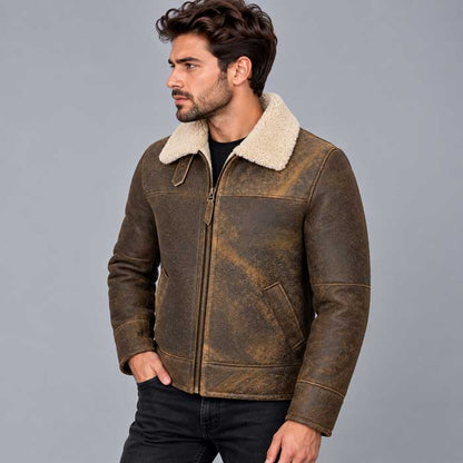 Vintage brown shearling jacket with shirt collar for men