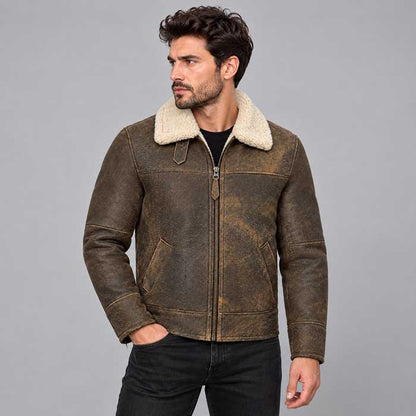 Men's old fashion brown shearling leather jacket