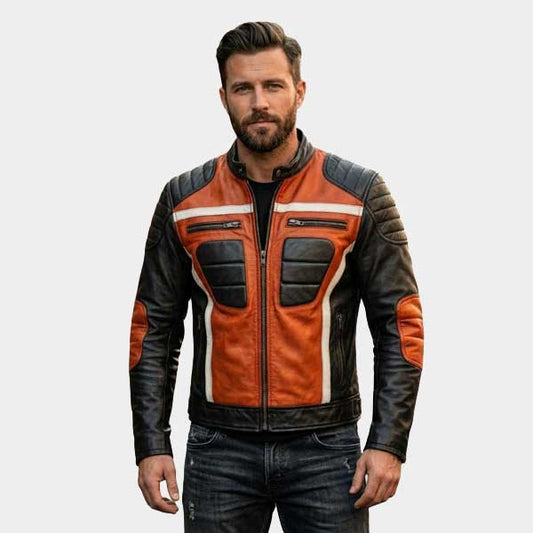 Men Orange and Black Leather Biker Jacket Quilted Retro Moto Racing Style