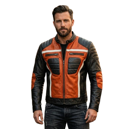 Front view of men orange and black leather biker jacket with quilted padding