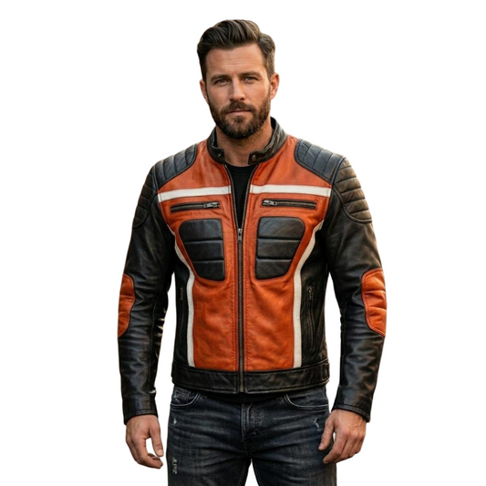 Front view of men orange and black leather biker jacket with quilted padding