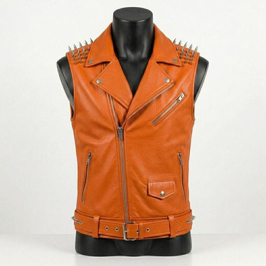 Front view of men orange leather biker vest with skull patch and studded shoulder