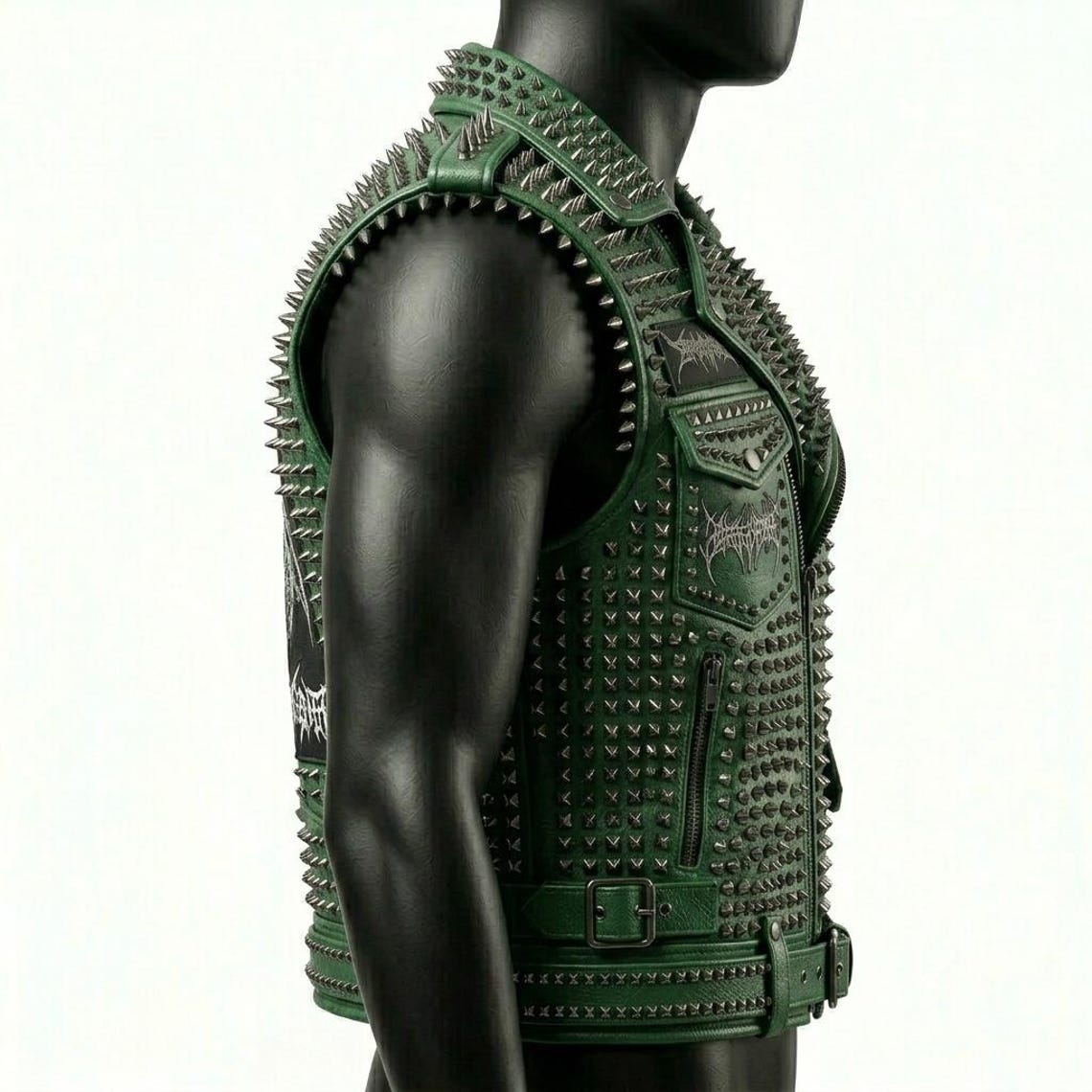  Side profile of men punk rock studded leather waistcoat