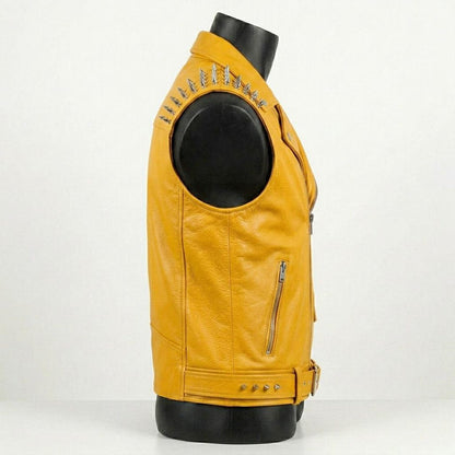 Side profile of punk style yellow leather biker waistcoat for men