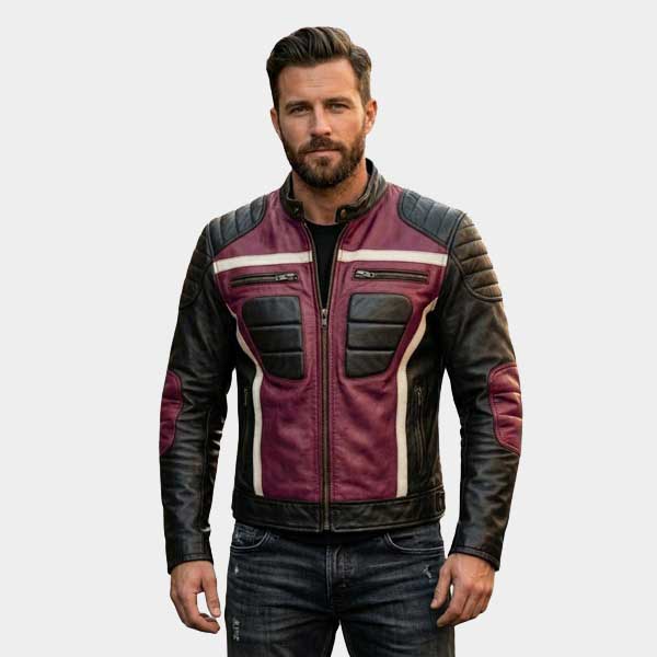 Men Purple and Black Leather Biker Jacket Quilted Retro Moto Racing Style