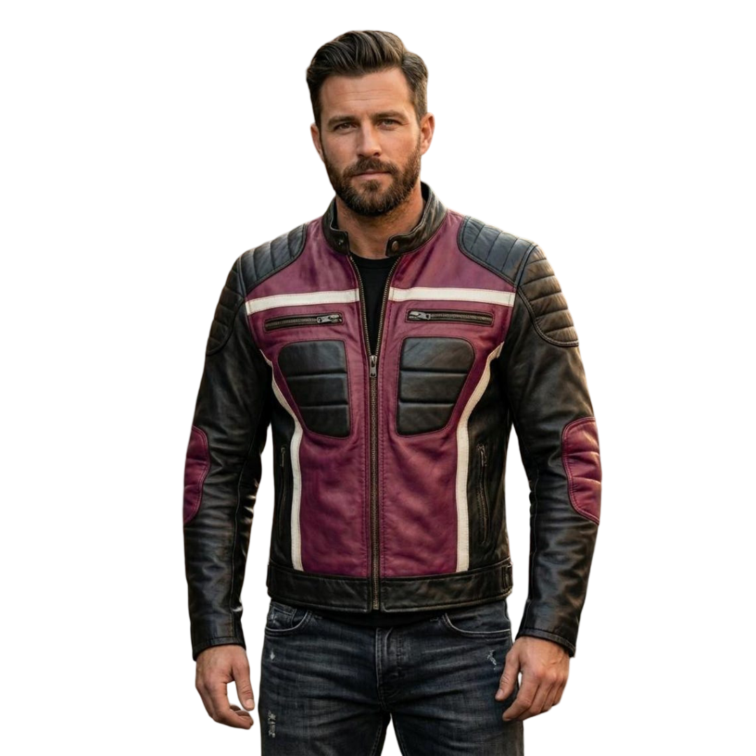 Front view of men purple and black leather biker jacket with quilted padding