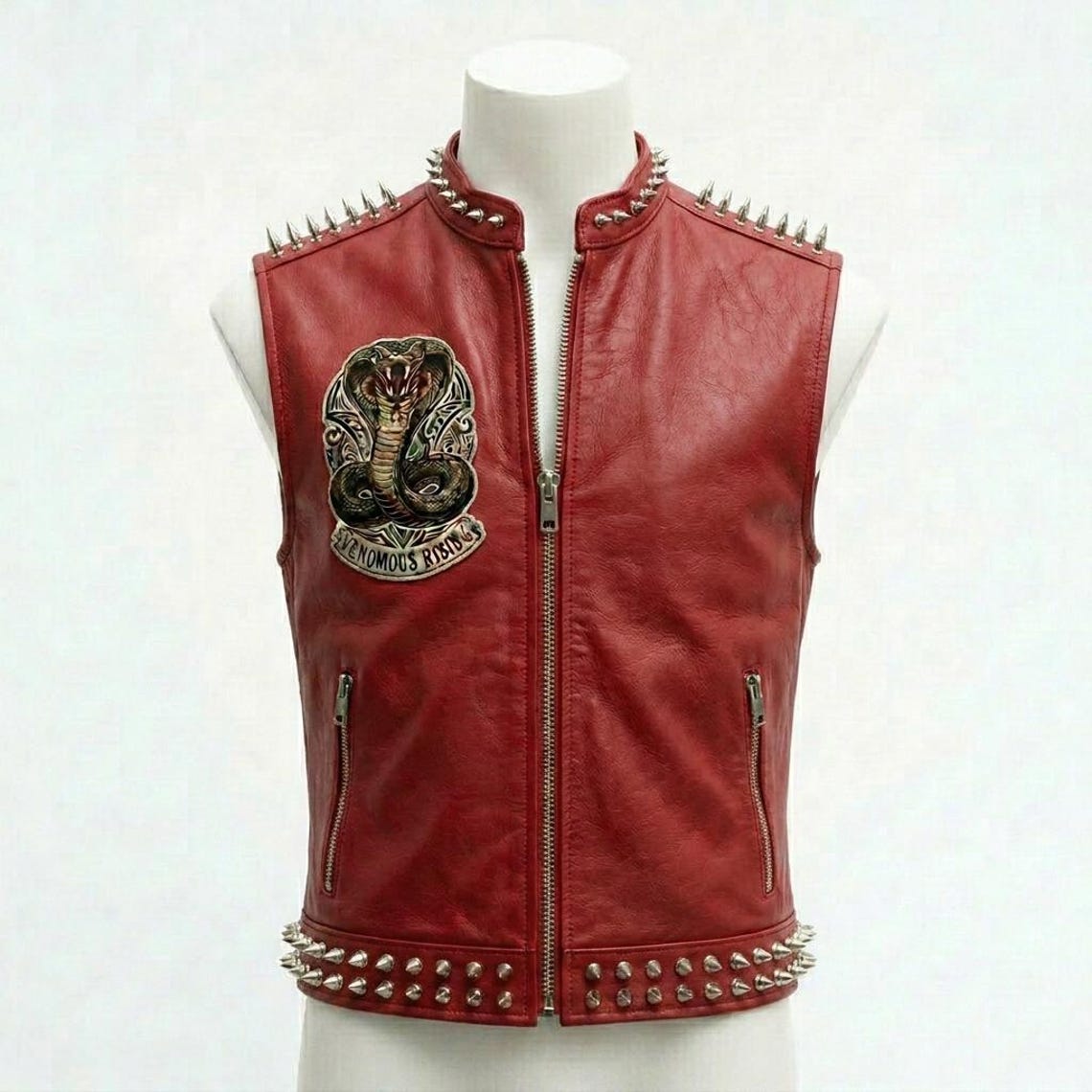 Front view of men red leather biker vest with cobra patch and stud detail