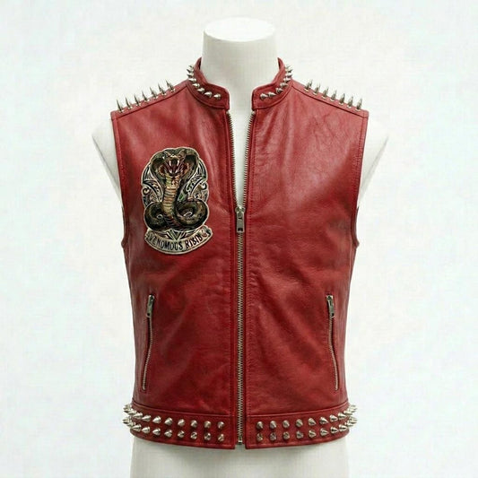 Front view of men red leather biker vest with cobra patch and stud detail
