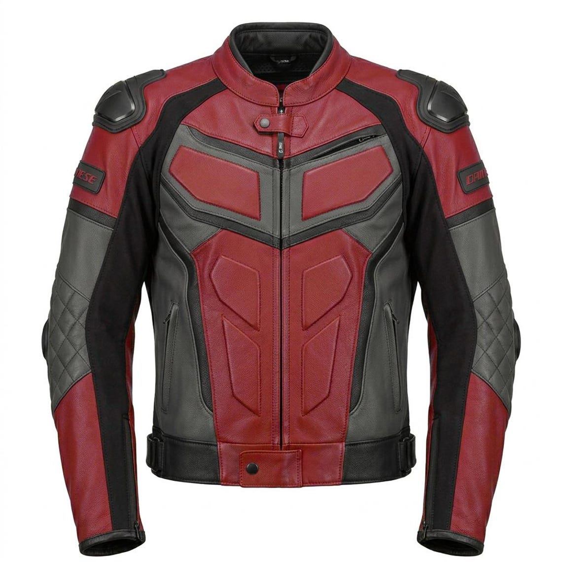 Front view of men red leather motorcycle jacket with padded armor