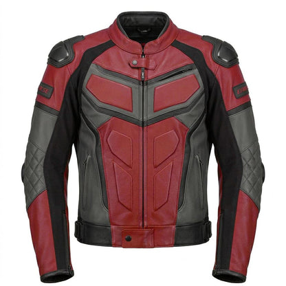 Front view of men red leather motorcycle jacket with padded armor