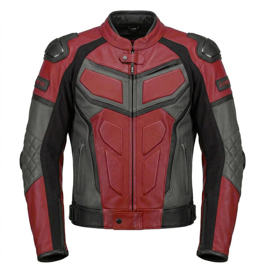 Front view of men red leather motorcycle jacket with padded armor