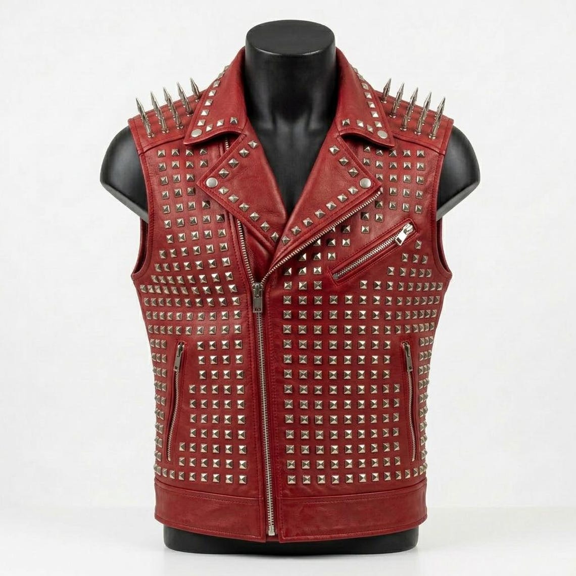Front view of men red leather studded spike biker vest gothic style