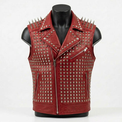 Front view of men red leather studded spike biker vest gothic style