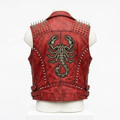 Back design of red leather biker vest with detailed embroidery