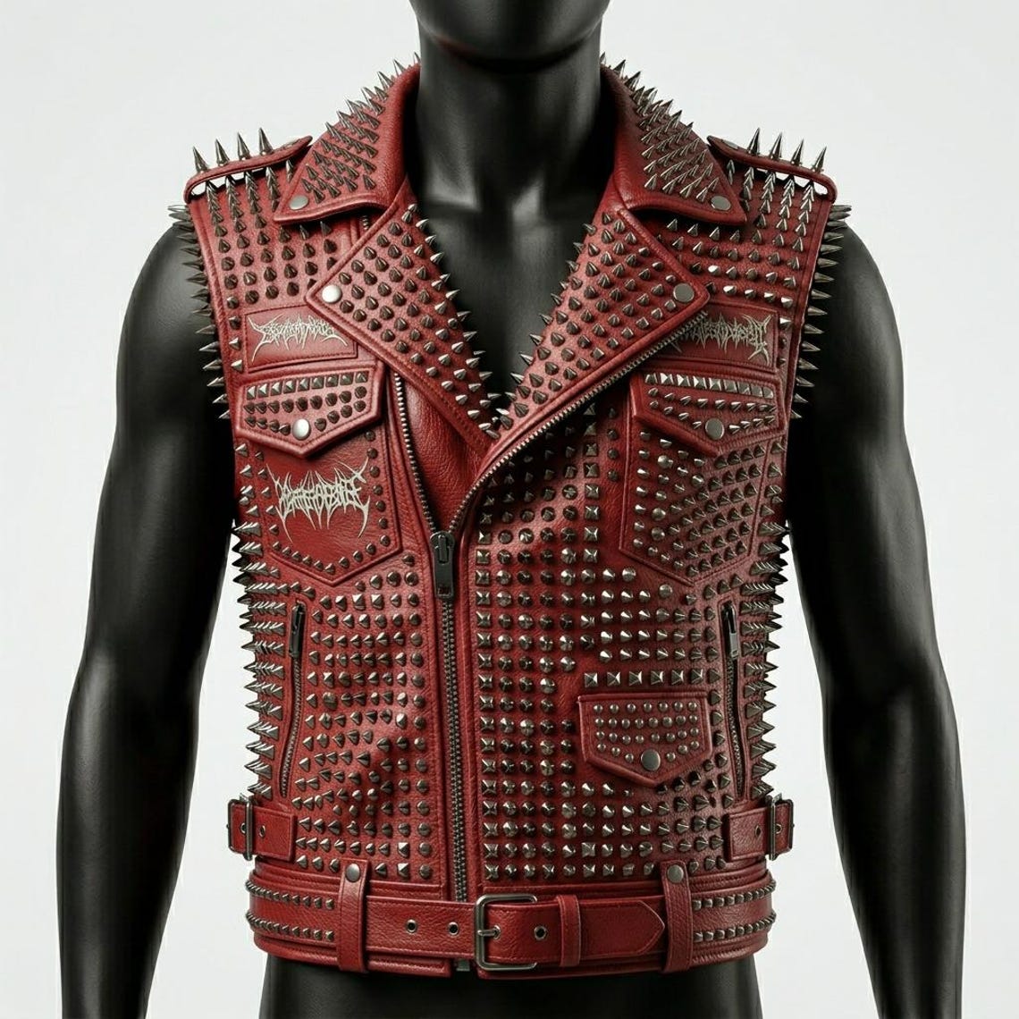 Front view of men red studded leather biker vest with spike detail

