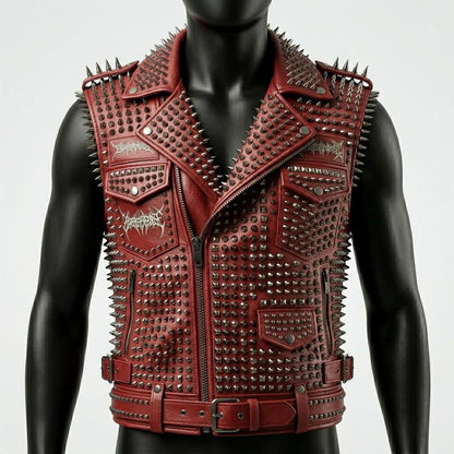 Front view of men red studded leather biker vest with spike detail
