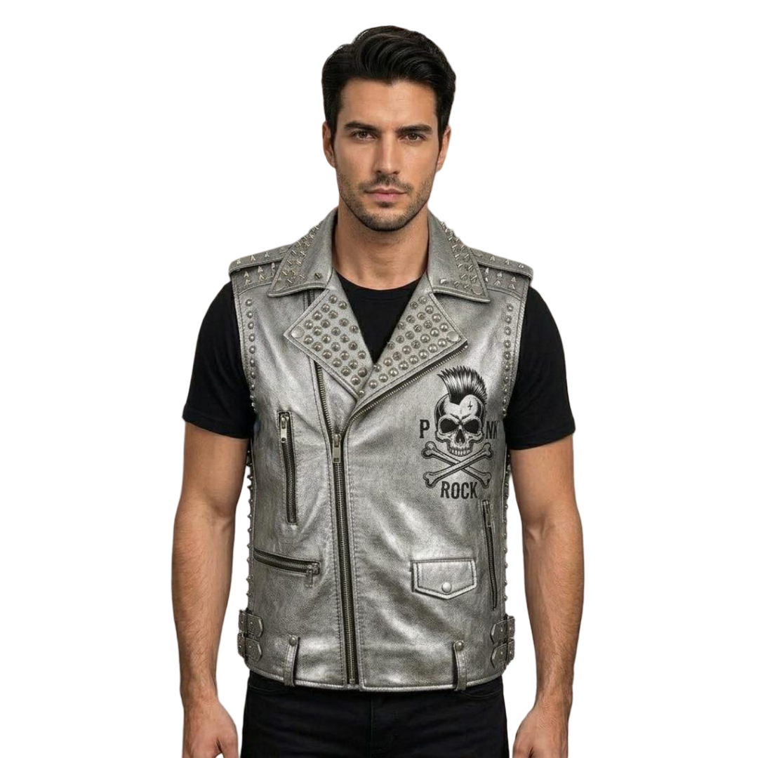 Front view of men silver leather biker vest with embroidery patch.