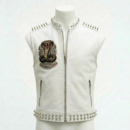 Front view of men white leather biker vest with embroidered patch and stud detail