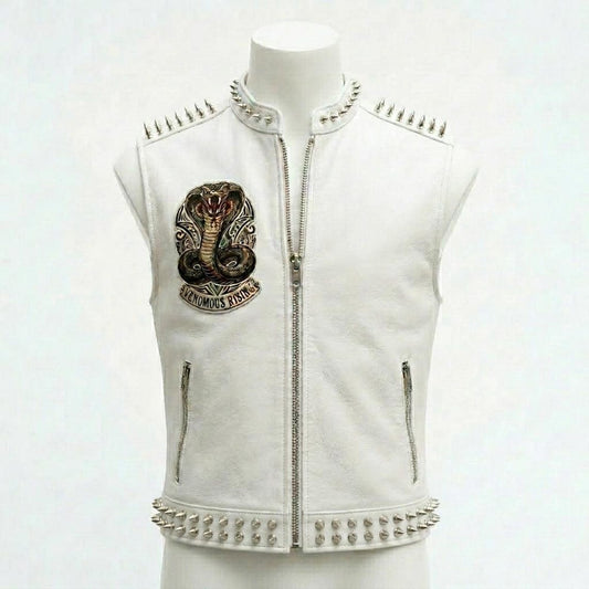 Front view of men white leather biker vest with embroidered patch and stud detail