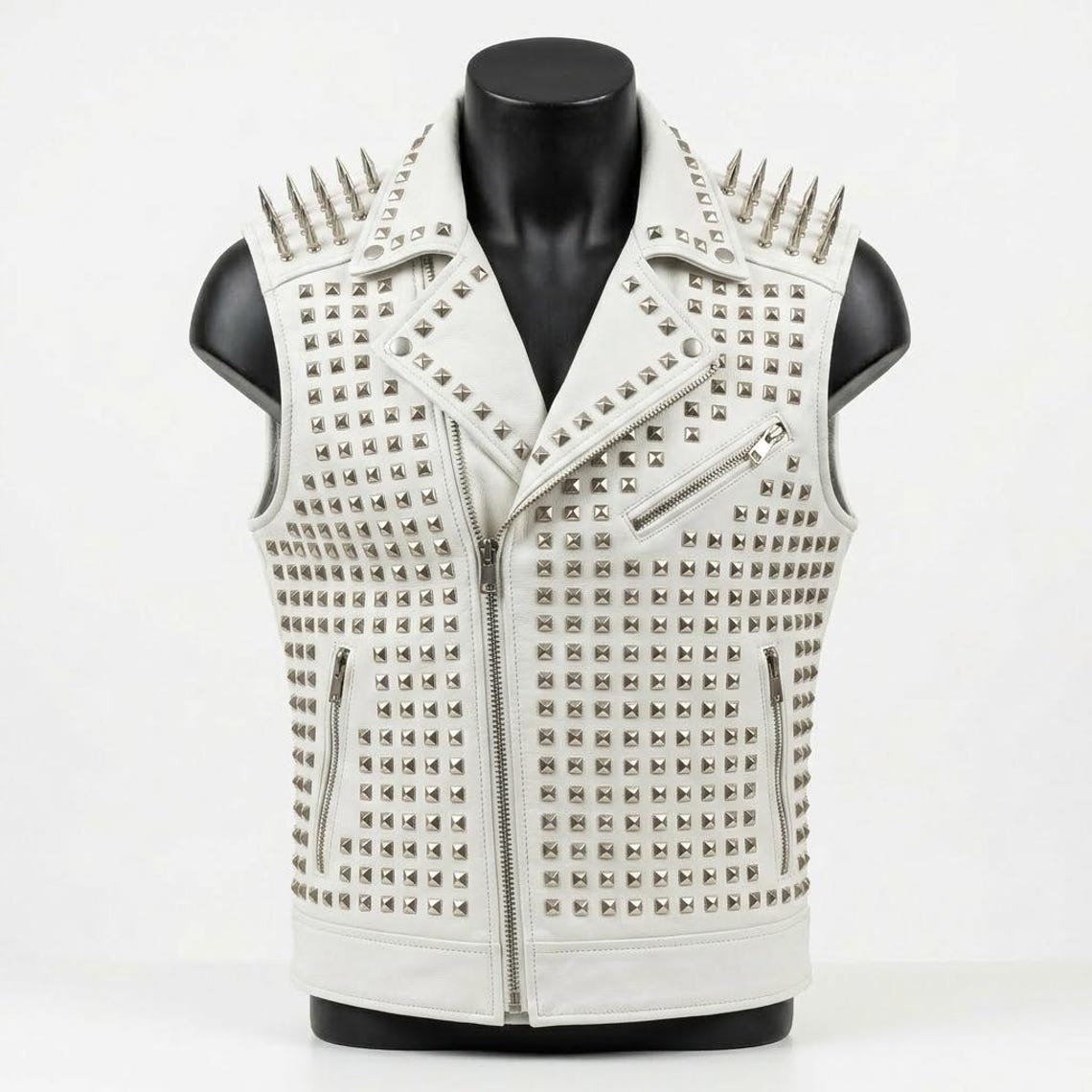  Front view of men white leather studded vest with spike detailing