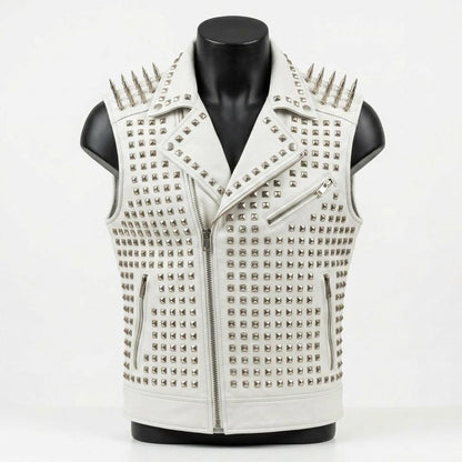  Front view of men white leather studded vest with spike detailing