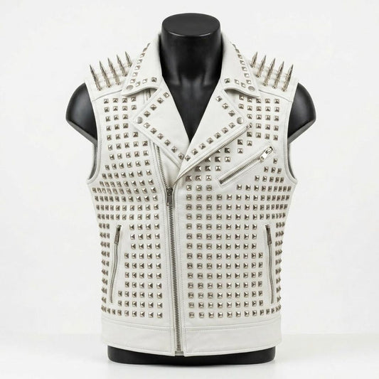  Front view of men white leather studded vest with spike detailing