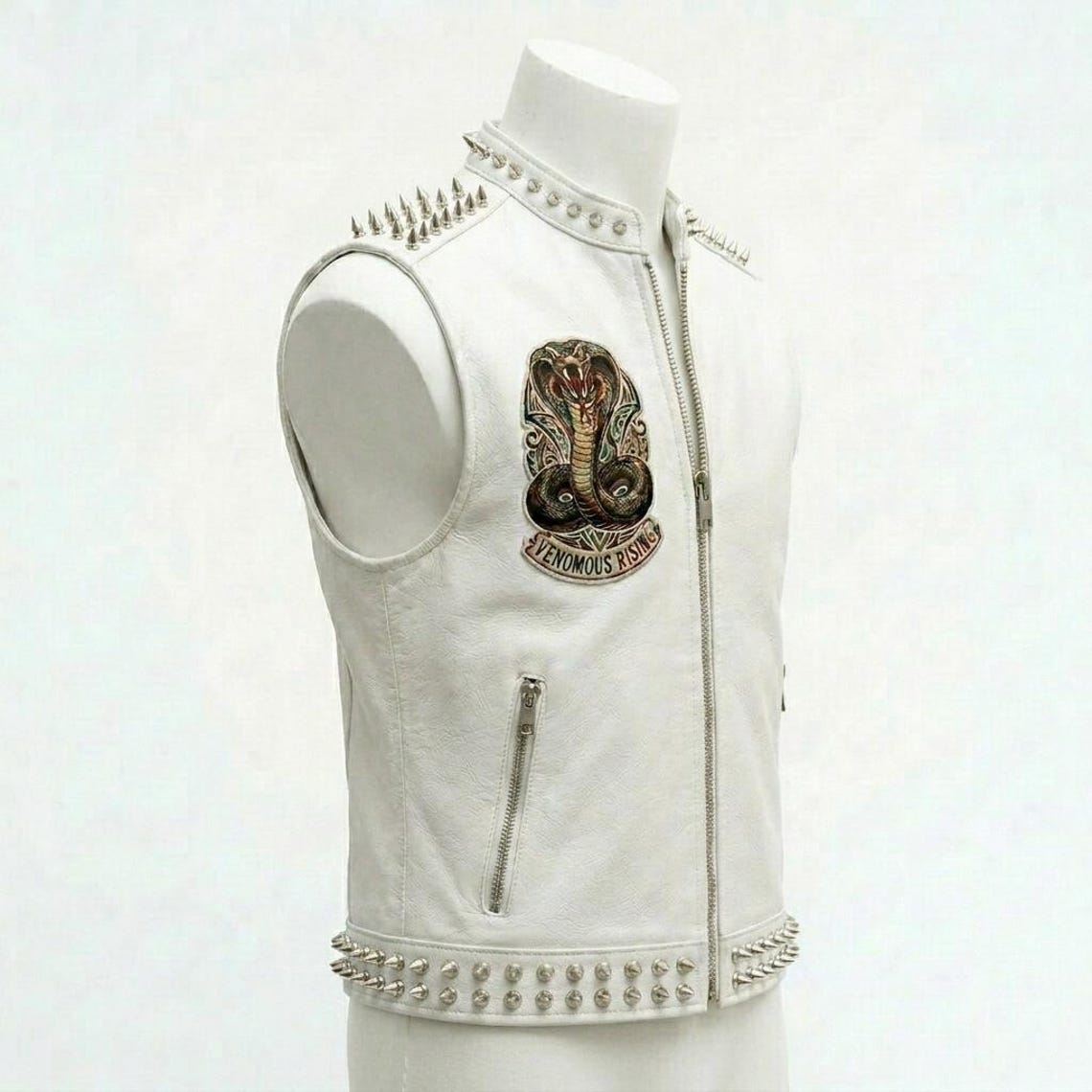Side profile of white leather biker waistcoat for men