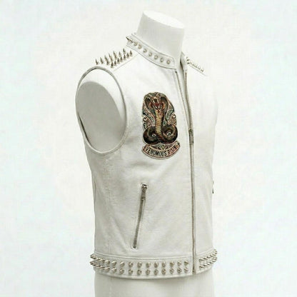 Side profile of white leather biker waistcoat for men