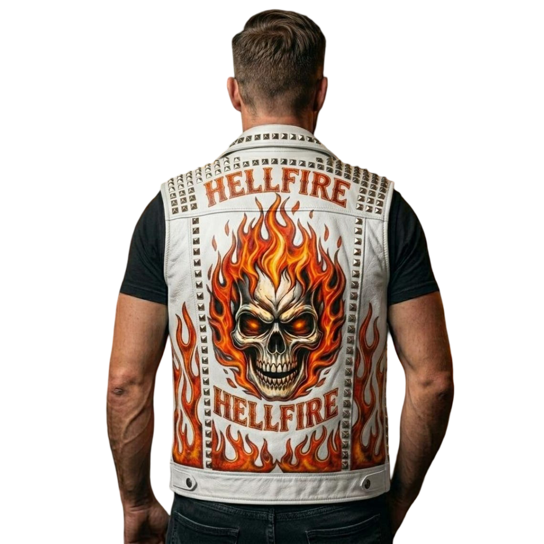  Back view of white skull motorcycle leather vest with flame graphic