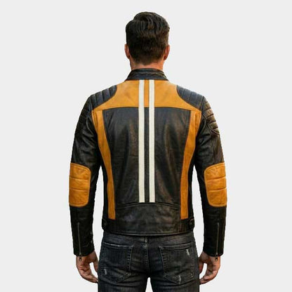 Men Yellow and Black Leather Biker Jacket Quilted Moto Racing Style