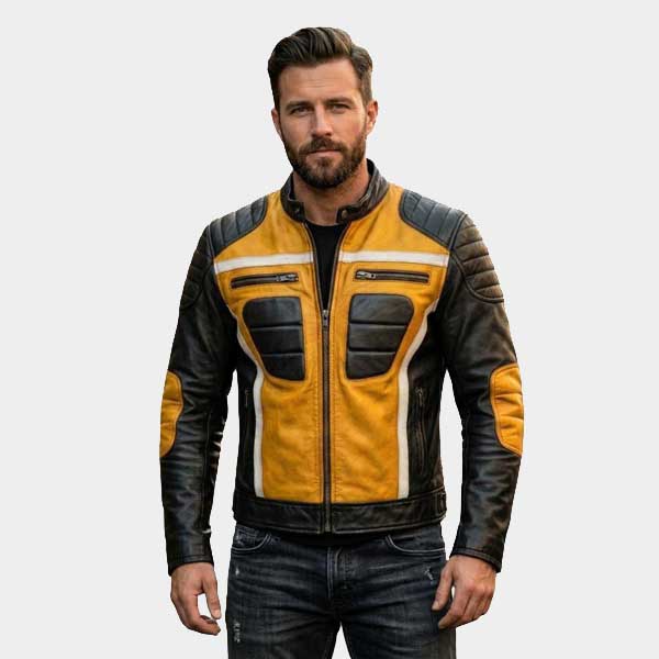 Men Yellow and Black Leather Biker Jacket Quilted Moto Racing Style
