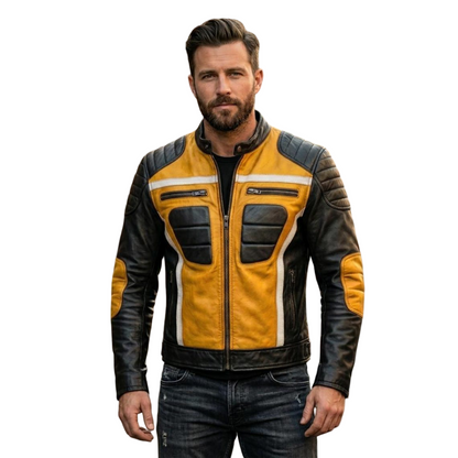 Front view of men yellow and black leather biker jacket with quilted padding