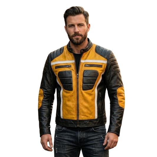 Front view of men yellow and black leather biker jacket with quilted padding