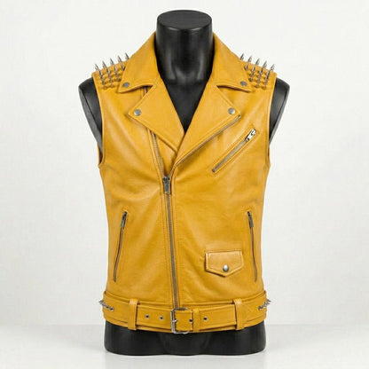 Front view of men yellow leather biker vest with skull patch and studded shoulder