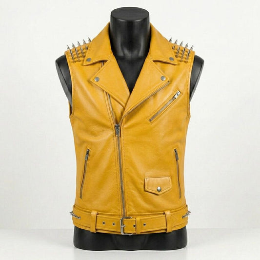 Front view of men yellow leather biker vest with skull patch and studded shoulder