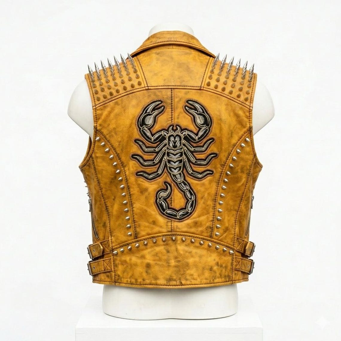 Back view of men yellow leather motorcycle vest