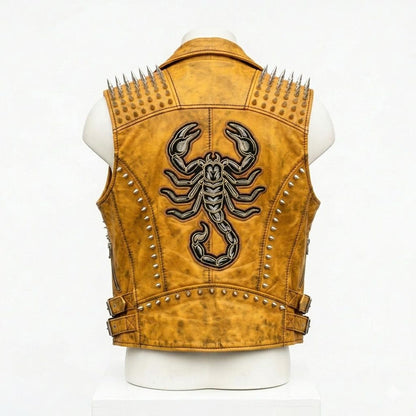 Back view of men yellow leather motorcycle vest