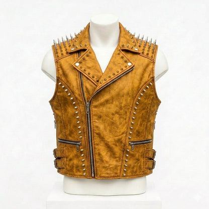 Front view of men yellow leather punk biker vest with spike accents
